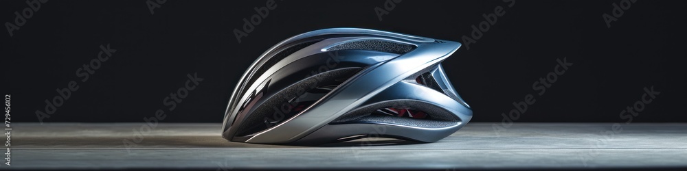 An elegant aerodynamic cycling helmet is placed on a surface, representing the quiet luxury sport of cycling, ideal for use in high-performance gear marketing or promotions for upscale cycling events