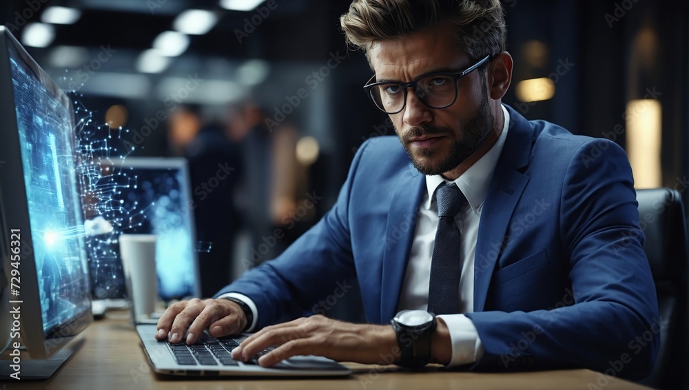 Business man using modern computer surfing internet, innovative technology background - obrazy, fototapety, plakaty 