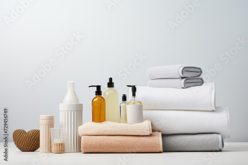 Spa-inspired bathroom setup with towels and toiletries