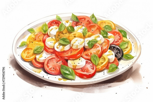 Delicious, Fresh Caprese Salad with Red Tomatoes, Green Basil, and White Mozzarella Cheese on a Wooden Plate.
