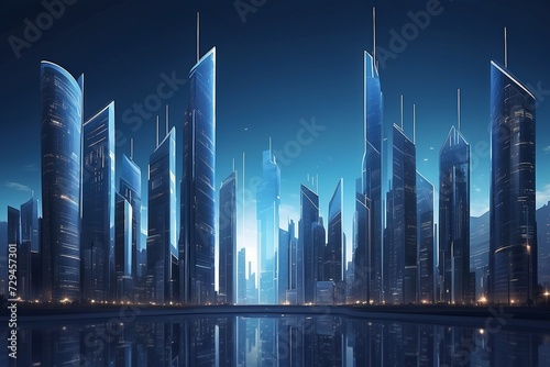 Metaverse smart technology city. Digital futuristic data skyscrapers on technological blue background. Business, science, internet concept
