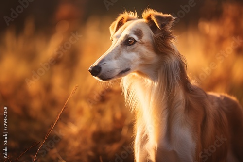 Cute Borzoi dog photo, in the style of golden light, danish golden age, sony alpha a7 iii, northern and southern dynasties, fairy tale
