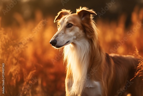 Cute Borzoi dog photo, in the style of golden light, danish golden age, sony alpha a7 iii, northern and southern dynasties, fairy tale