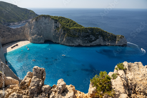 Aerial view of Navagio beach on Zakynthos island, Greece. Shipwreck Beach or Agios Georgios. is exposed cove in the Ionian Islands of Greece. Shipwreck on the beach in Zakynthos island, Greece.