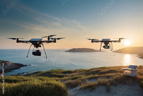 Solar-powered AI drones conducting environmental monitoring over a coastal ecosystem. Showcasing sustainable technology in action. Banner. Generative Ai content.