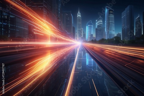 Speed light trails path through smart modern mega city and skyscrapers town with neon futuristic technology background  future virtual reality  motion effect  high speed light.