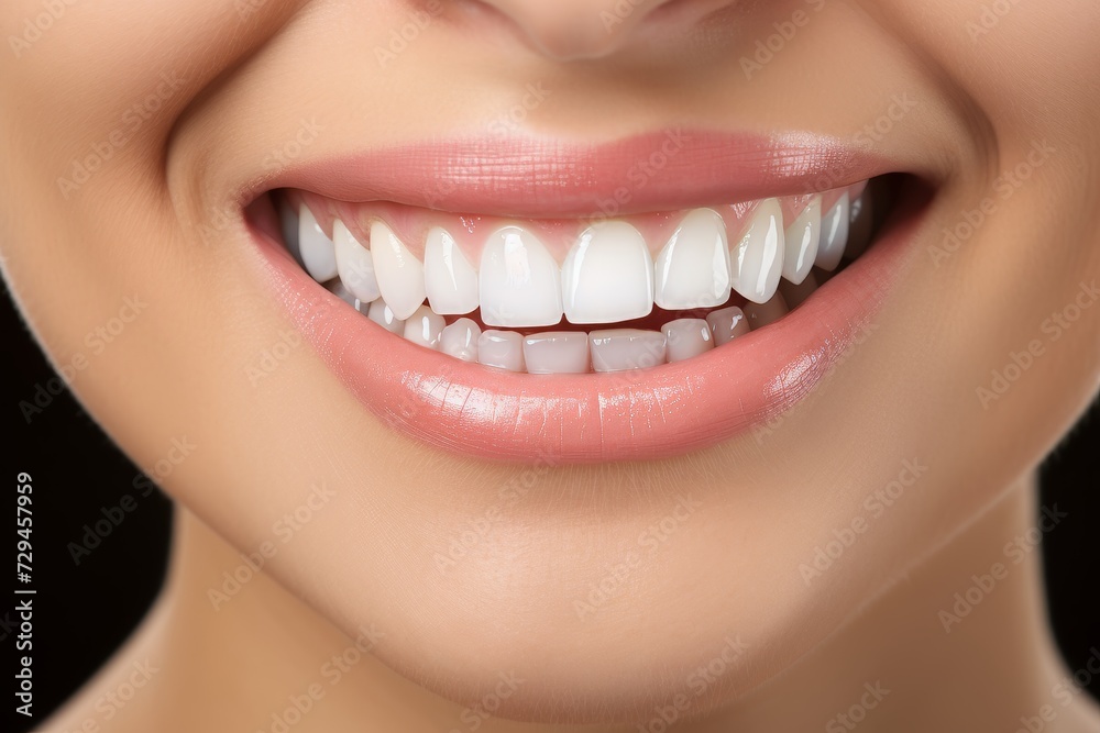 Close-up of womans captivating smile with beautiful teeth and stunningly painted lips Close-up of womans captivating smile with beautiful teeth and stunningly painted lips