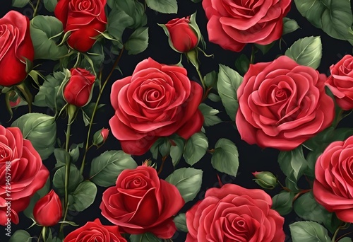 AI generated illustration of a seamless fabric print of big roses and leaves on a black background
