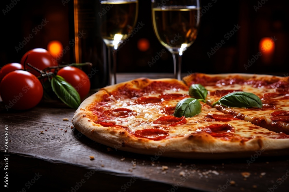 Delicious close-up of pepperoni pizza with golden cheese and fresh toppings on rustic wooden table