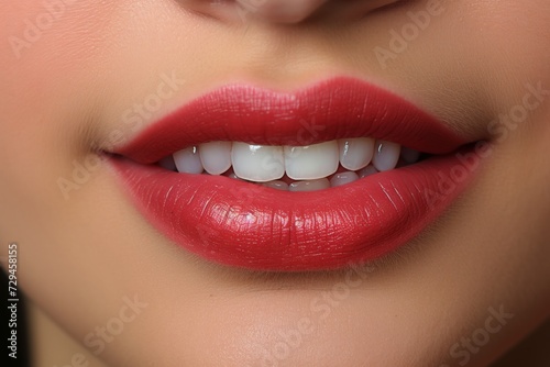 Close-up of a womans beautiful smile with white and healthy teeth and glamorous painted lips