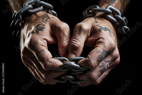 mans hands bound with a rusty steel chain, symbol of captivity and incarceration © EduardSkorov