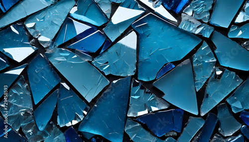 Blue broken and shattered glass background. Ai generated.