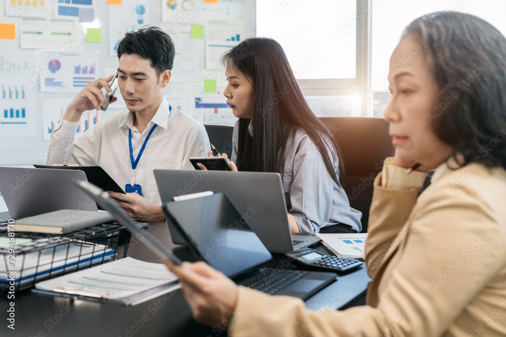 Operations Manager Holds Meeting Presentation for analysis graph company financial. People Work in Business Office. Operations Manager Holds Meeting Presentation for analysis graph company financial. People Work in Business Office.
