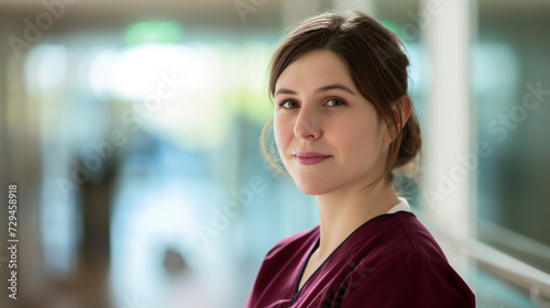 Photo of a modern british female nurse wearing a maroon colored tunic in hospital