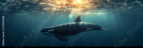 Killer whale underwater, a photo of a killer whale from underwater. photo