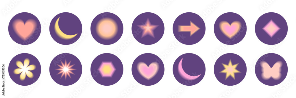 Blurry gradient moon, star, heart, flower, butterfly and other abstract shapes in y2k style. Round violet stickers pack. Vector illustration Blurry gradient moon, star, heart, flower, butterfly and other abstract shapes in y2k style. Round violet stickers pack. Vector illustration