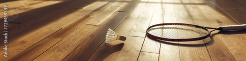 elegant minimalist badminton racket with a shuttlecock on a wooden floor, suggesting the quiet luxury of the sport, for a sports club's premium offerings or a sophisticated sports equipment catalogue photo