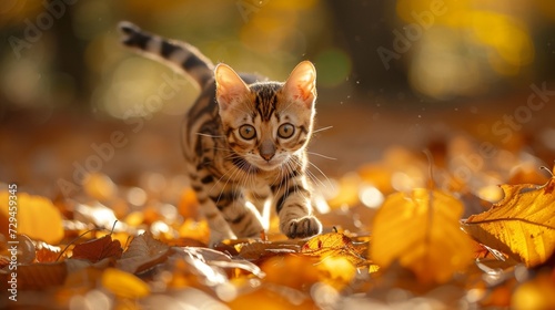 A playful Bengal kitten pouncing on a fallen leaf.