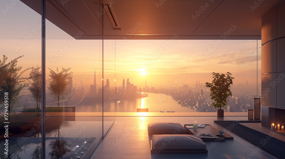 A high-tech city penthouse with a transparent façade, offering panoramic views of the skyline and a seamless integration of urban living and nature. 