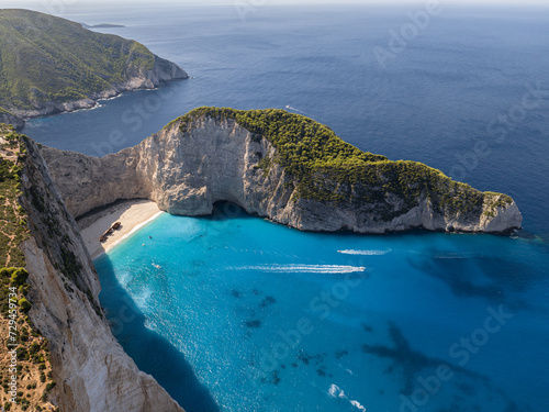 Aerial drone view of Navagio beach on Zakynthos island, Greece. Shipwreck Beach or Agios Georgios. is exposed cove in the Ionian Islands of Greece. Shipwreck on the beach in Zakynthos island, Greece.