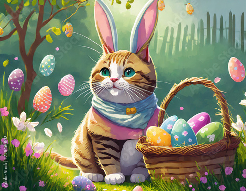 Katze im Garten als Osterhase verkleidet mit bunten Eiern im Korb 