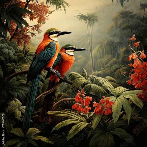 Colorful birds perched among vibrant foliage and flowers digital art-illustration