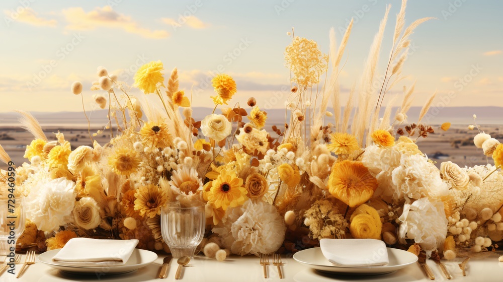 Bright Floral Arrangement on Wooden Table Bright Floral Arrangement on Wooden Table
