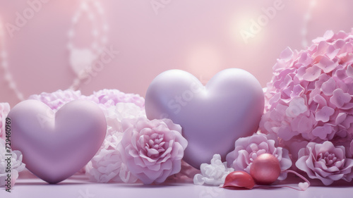 Corazones de color rosa rodeado de rosas y pétalos del mismo color, sobre superficie también rosa y fondo desenfocado efecto bokeh, concepto san valentín