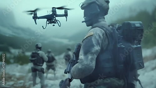a group of soldiers walks through a mountainous landscape with a flying drone. The concept of using quadcopters in war