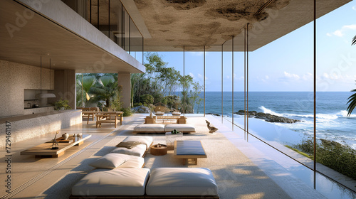 A minimalist beachfront retreat with floor-to-ceiling windows, offering unobstructed views of the rolling waves and endless horizon.  photo