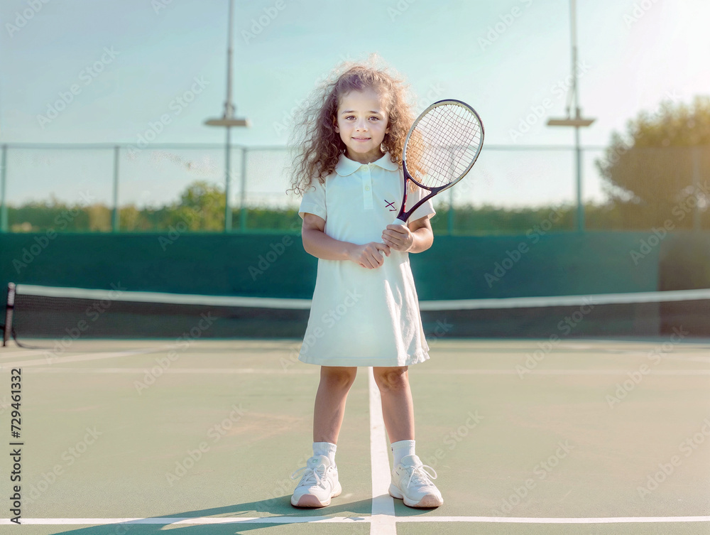 A little cute tennis girl player standing on the court holding a big tennis racket. Smiling.