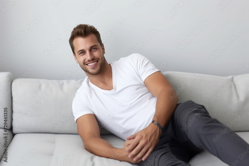 Handsome smiling young man lying on the sofa