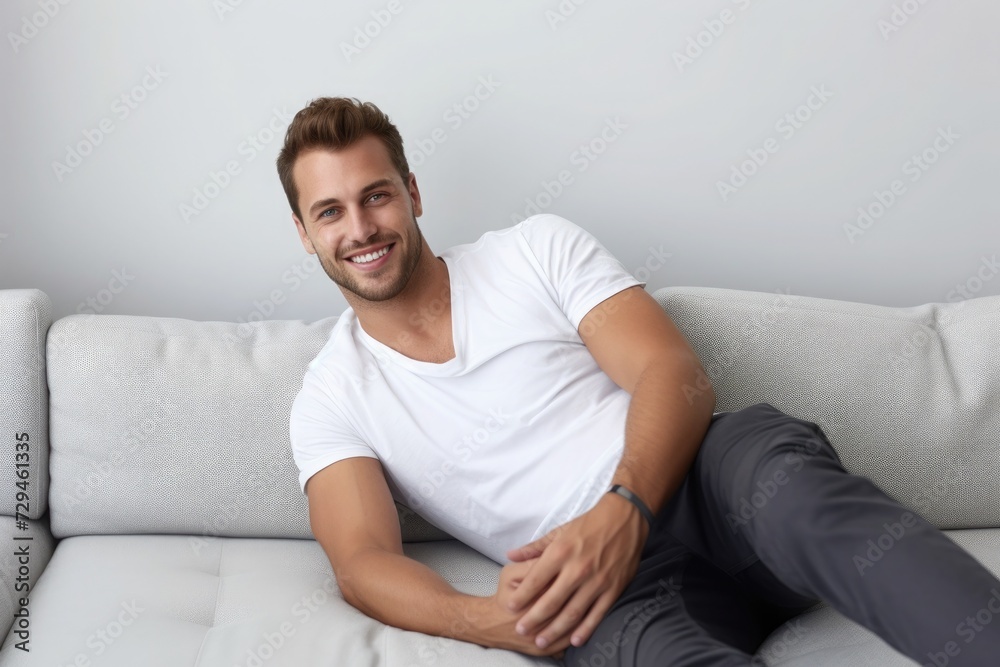 Handsome smiling young man lying on the sofa Handsome smiling young man lying on the sofa