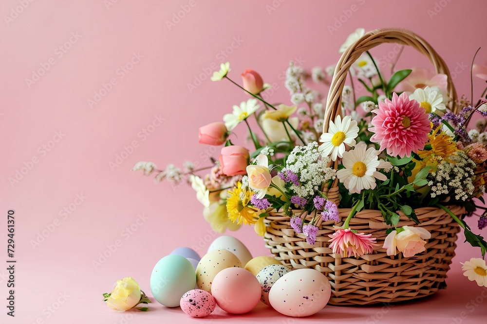 Basket with colorful Easter eggs and blooming flowers 