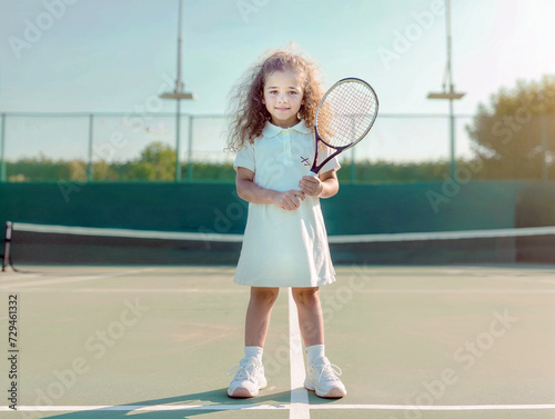 A little cute tennis girl player standing on the court holding a big tennis racket. Smiling. © Jumpystone