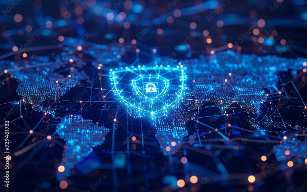 Cybersecurity shield over a stylized digital world map Cybersecurity shield over a stylized digital world map