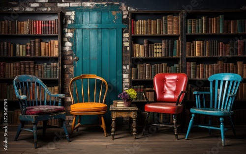 Colorful vintage chairs against a bookshelf backdrop in a rustic library