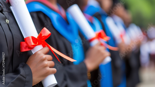 Close-up of graduates in regalia holding diplomas with red ribbons,
