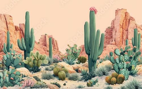 Desert Cacti Garden, Pastel Colors, Serene Atmosphere