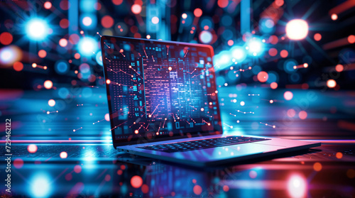 A laptop illuminated by neon lights with night city lights on the background. Cyberpunk style image for projects about computer technologies and global networking.