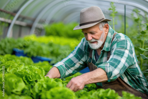 senior male farmer harvesting fresh vegetables on a organic vegetable farm, concept of healthy food © Kien