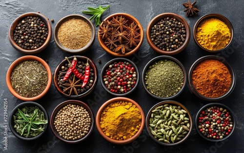 Colorful Assortment of Spices in Wooden Bowls