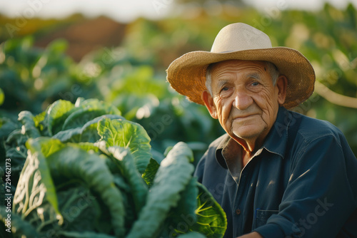 senior male farmer harvesting fresh vegetables on a organic vegetable farm, concept of healthy food