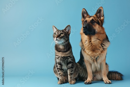 Dog and the cat are looking in the same direction