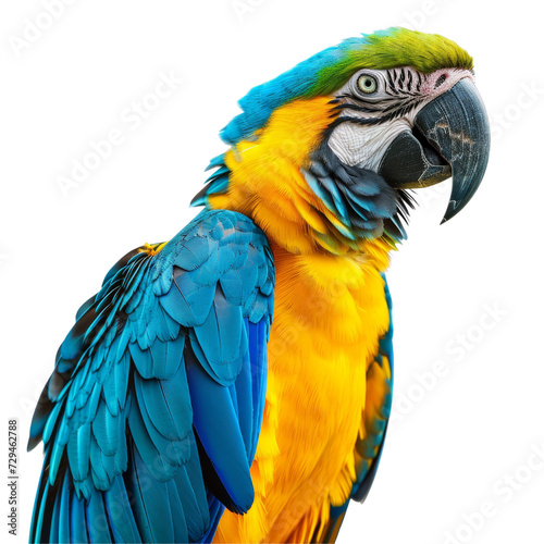 Blue and Yellow Macaw Parrot in Flight Isolated on Transparent or White Background, PNG