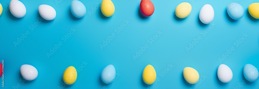The Easter bunny's ears stick out from the picture, next to the Easter eggs, against a plain  powder sky Blue background.