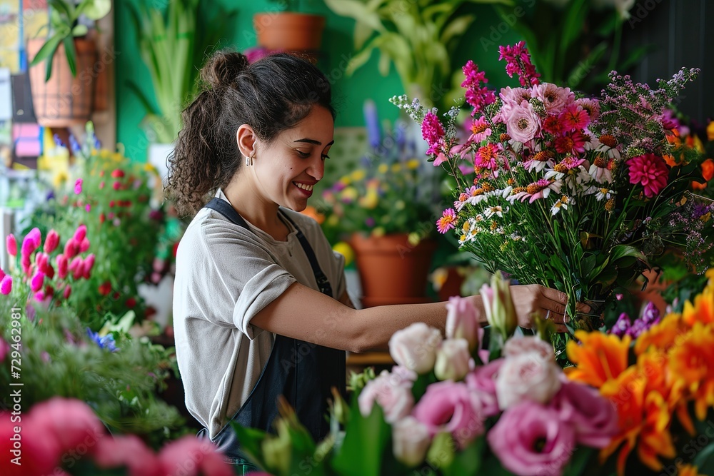 Young, beautiful girl seller in a flower store, picks a bouquet of flowers, 8 march, women days, birthday celebrating