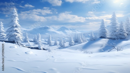 A breathtaking winter landscape captured in the quiet embrace of snow-clad mountains and frost-covered trees 