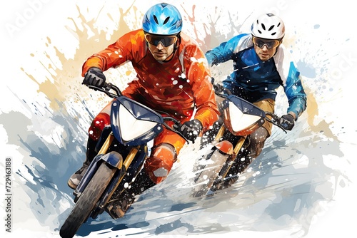 Illustrated action scene of motorcyclists racing with a splatter paint effect