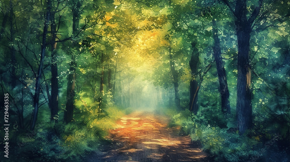 Enchanting wild forest path with watercolor effect. Wall art wallpaper - obrazy, fototapety, plakaty 